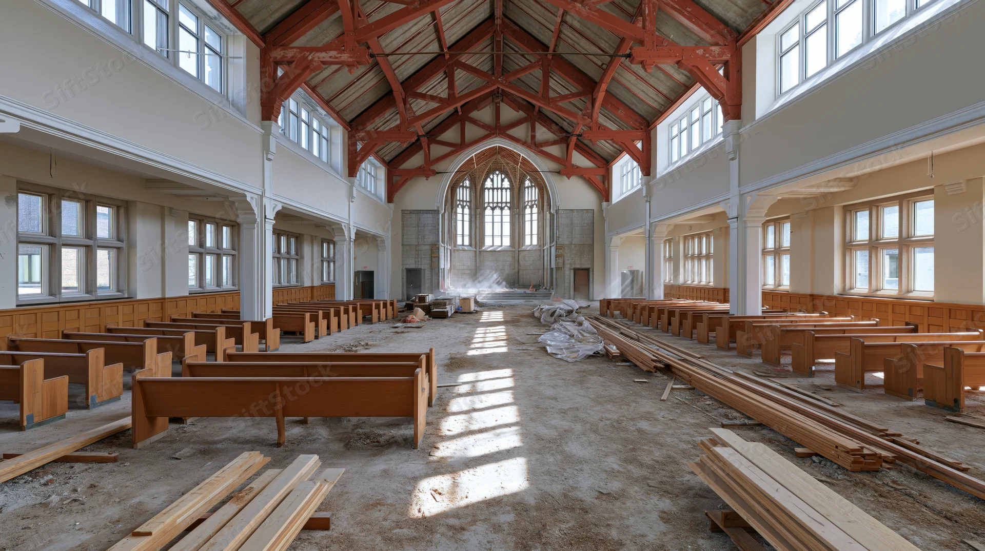 Interior of a church under renovation with wooden pews and exposed beams