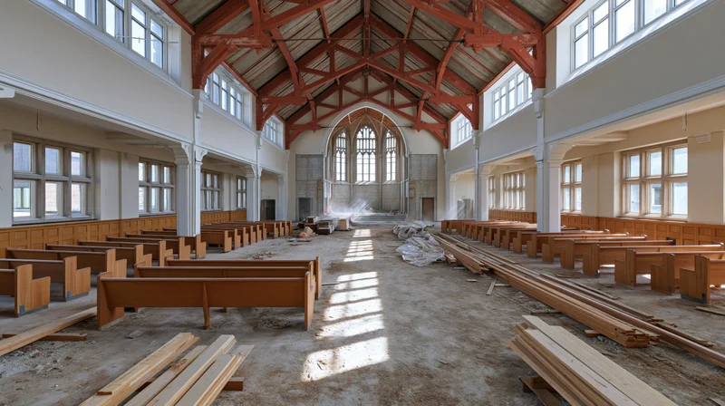 Interior of a church under renovation with wooden pews and exposed beams