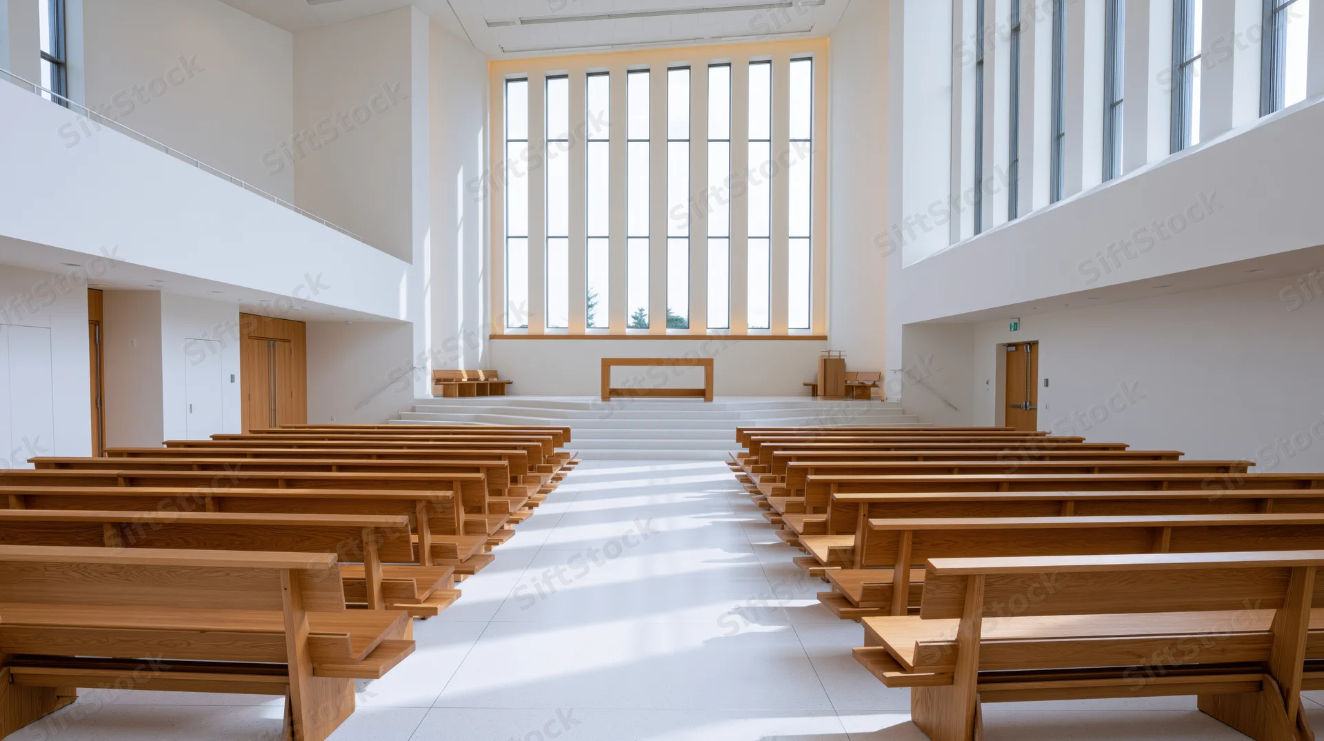 Empty wooden pews arranged in rows inside a minimalist modern church nave with white walls and large windows letting in natural light