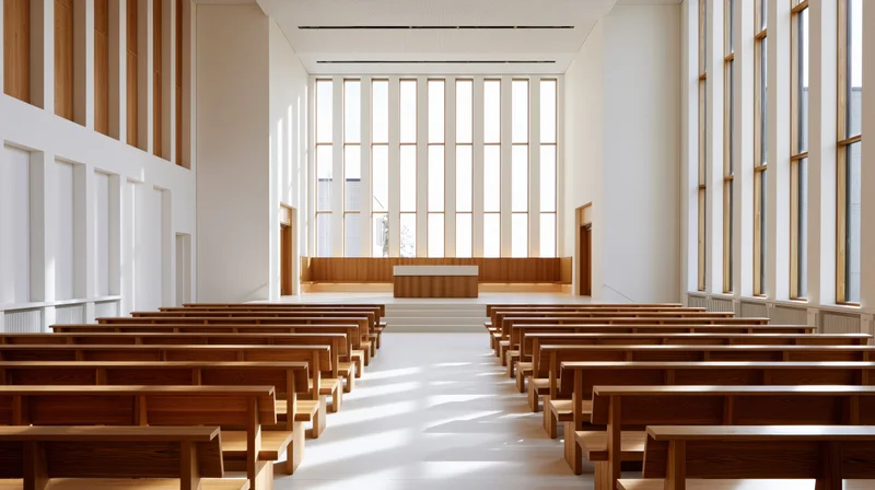 Empty wooden pews arranged in rows in a minimalist modern church nave with natural light through tall windows