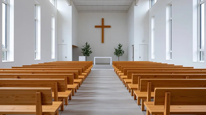Empty wooden pews arranged in rows facing a cross in a minimalist modern church sanctuary