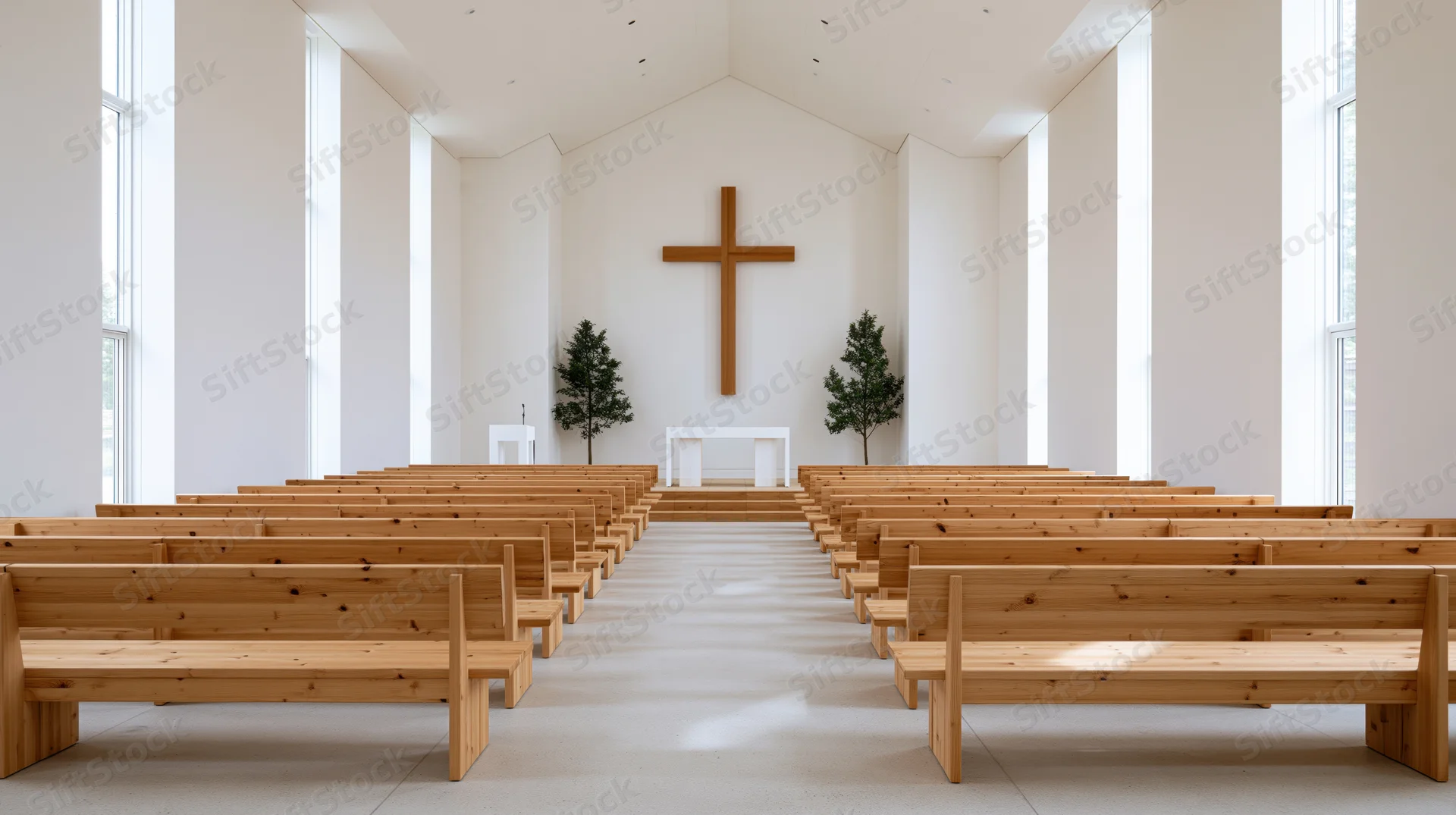 Empty wooden pews arranged in rows facing a white altar with a wooden cross in a minimalist modern church sanctuary