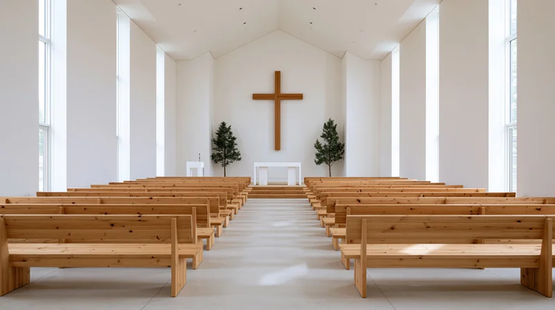 Empty wooden pews arranged in rows facing a white altar with a wooden cross in a minimalist modern church sanctuary