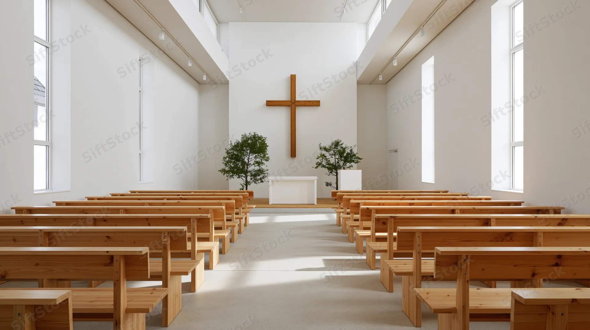 Empty wooden pews arranged in rows facing a white altar with a wooden cross under bright natural light in a minimalist modern church sanctuary