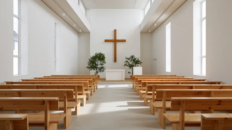 Empty wooden pews arranged in rows facing a white altar with a wooden cross under bright natural light in a minimalist modern church sanctuary