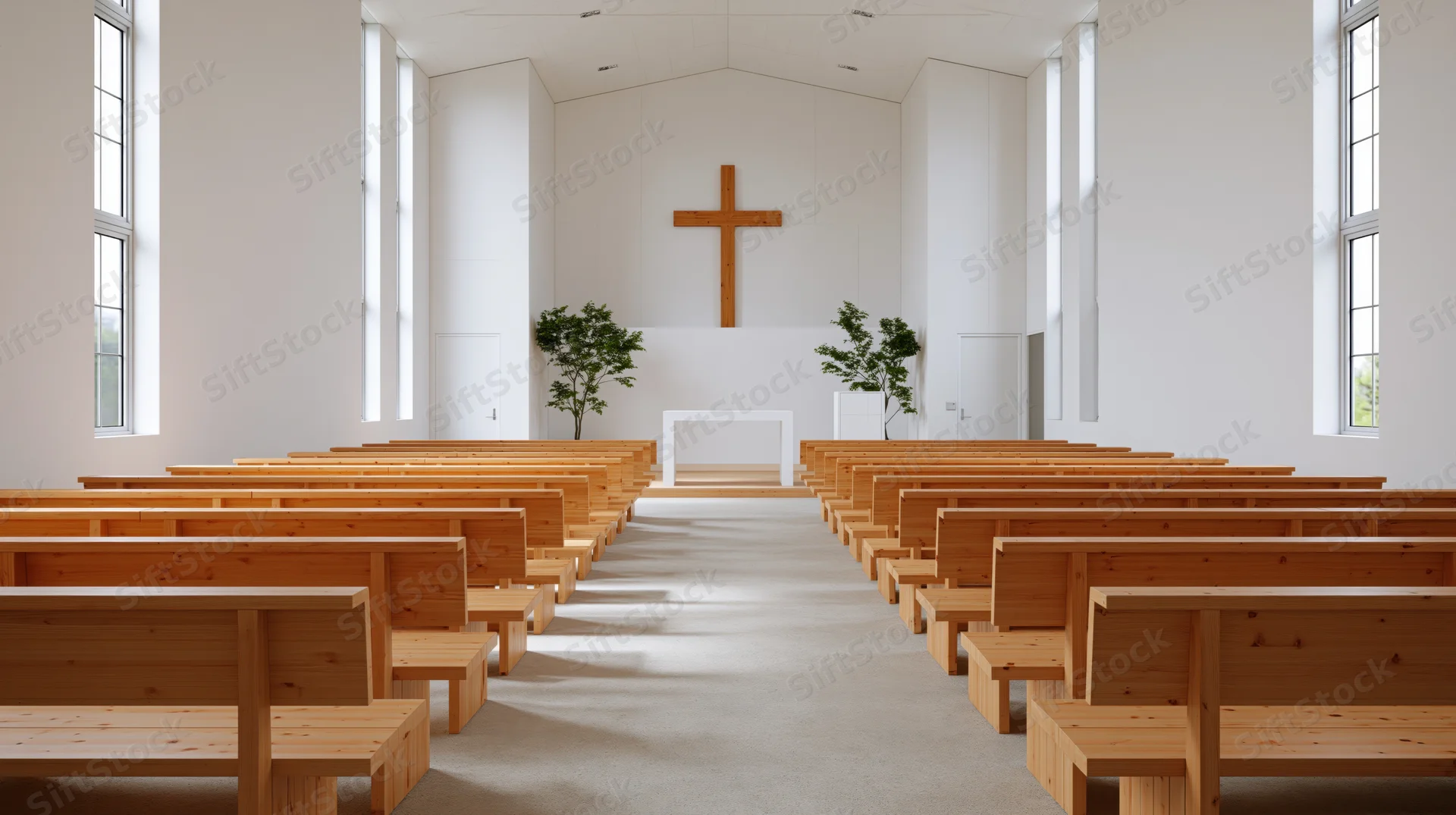 Empty wooden pews arranged in rows facing a white altar with a wooden cross in a minimalist modern church sanctuary