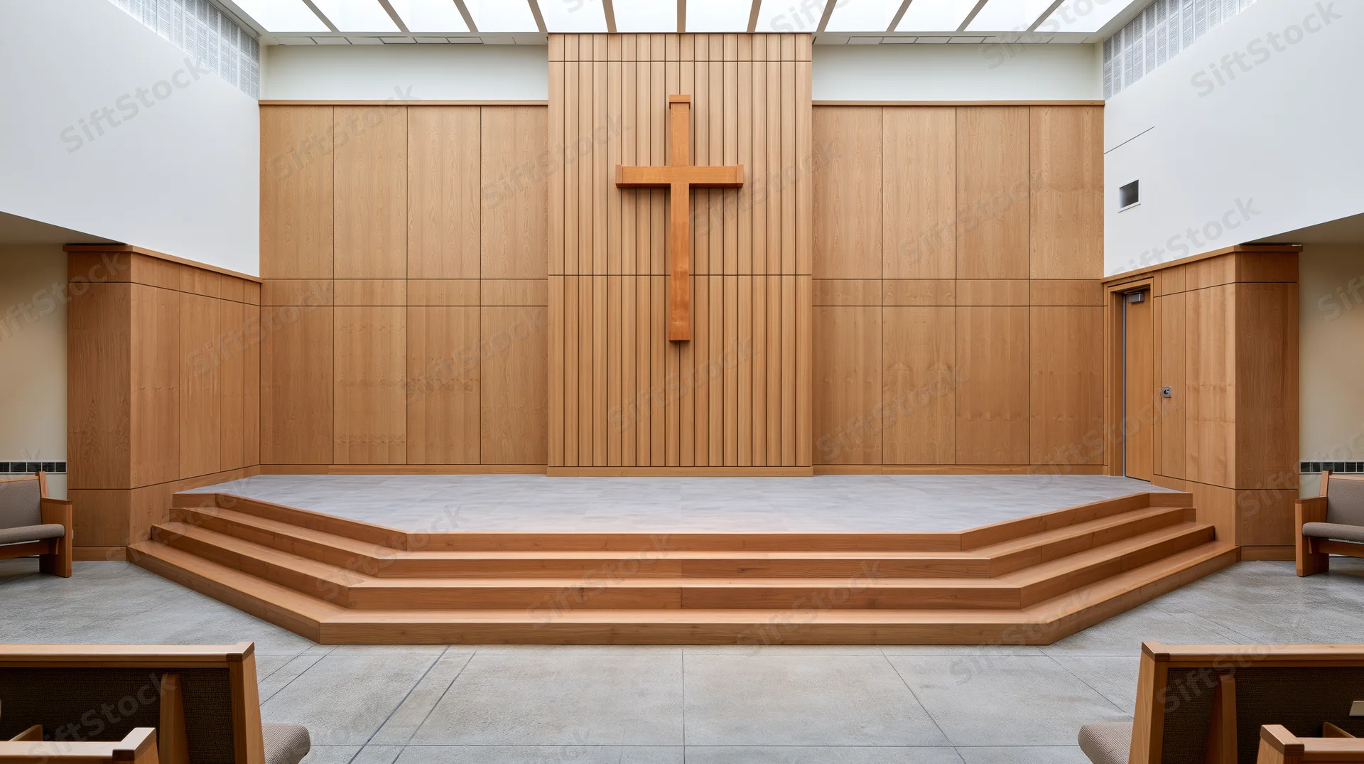 Modern protestant church sanctuary with wooden altar and cross under skylight