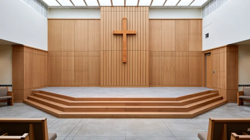 Modern protestant church sanctuary with wooden altar and cross under skylight