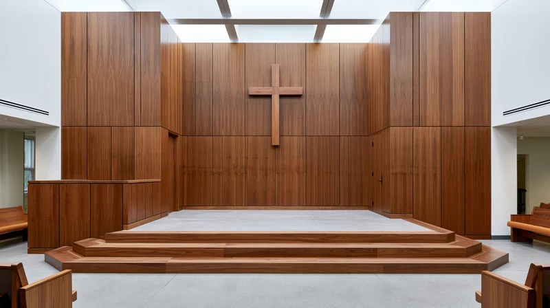 Modern protestant church sanctuary with wooden altar and cross, empty interior view
