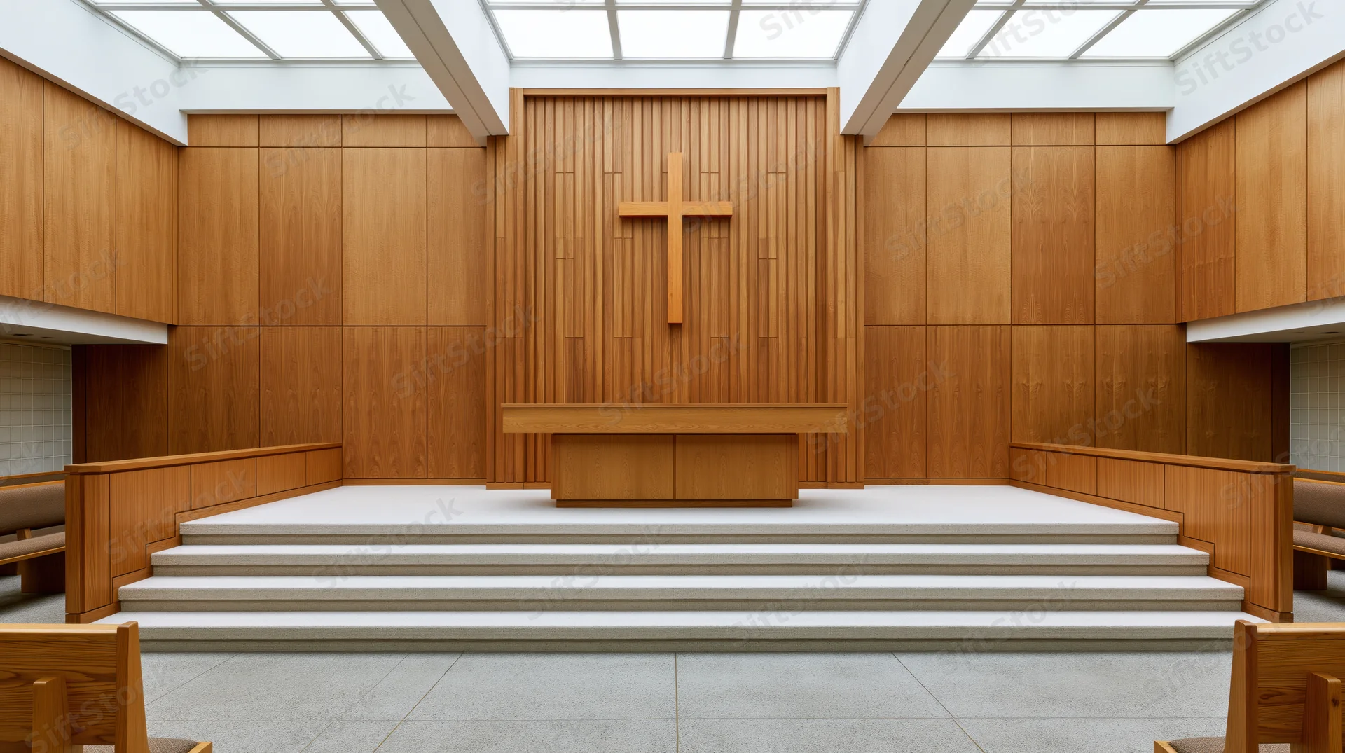 Empty modern protestant church sanctuary with wooden altar and cross under skylight ceiling