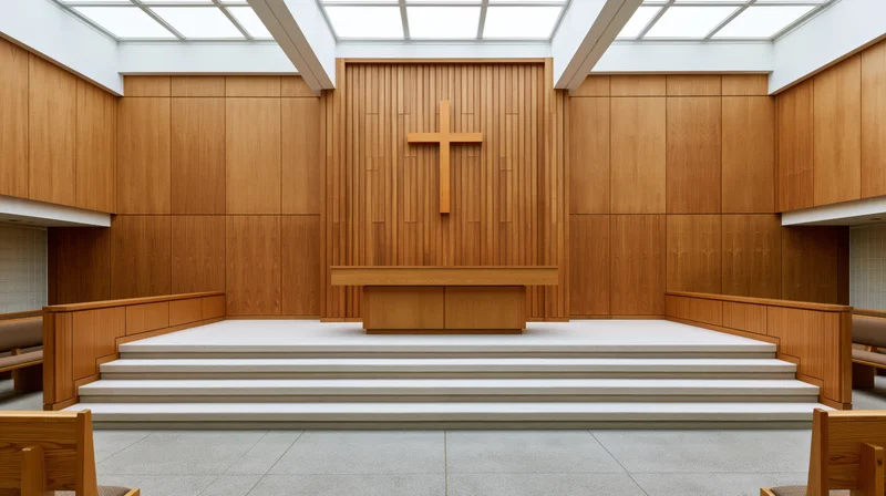 Empty modern protestant church sanctuary with wooden altar and cross under skylight ceiling