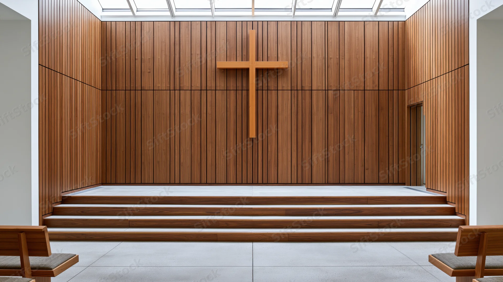 Modern protestant church sanctuary with wooden cross on altar platform and empty pews under skylight ceiling