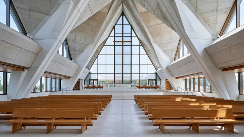 Modern church interior with wooden pews arranged in rows facing an altar under a triangular skylight with a cross, surrounded by concrete beams and large windows letting in natural light