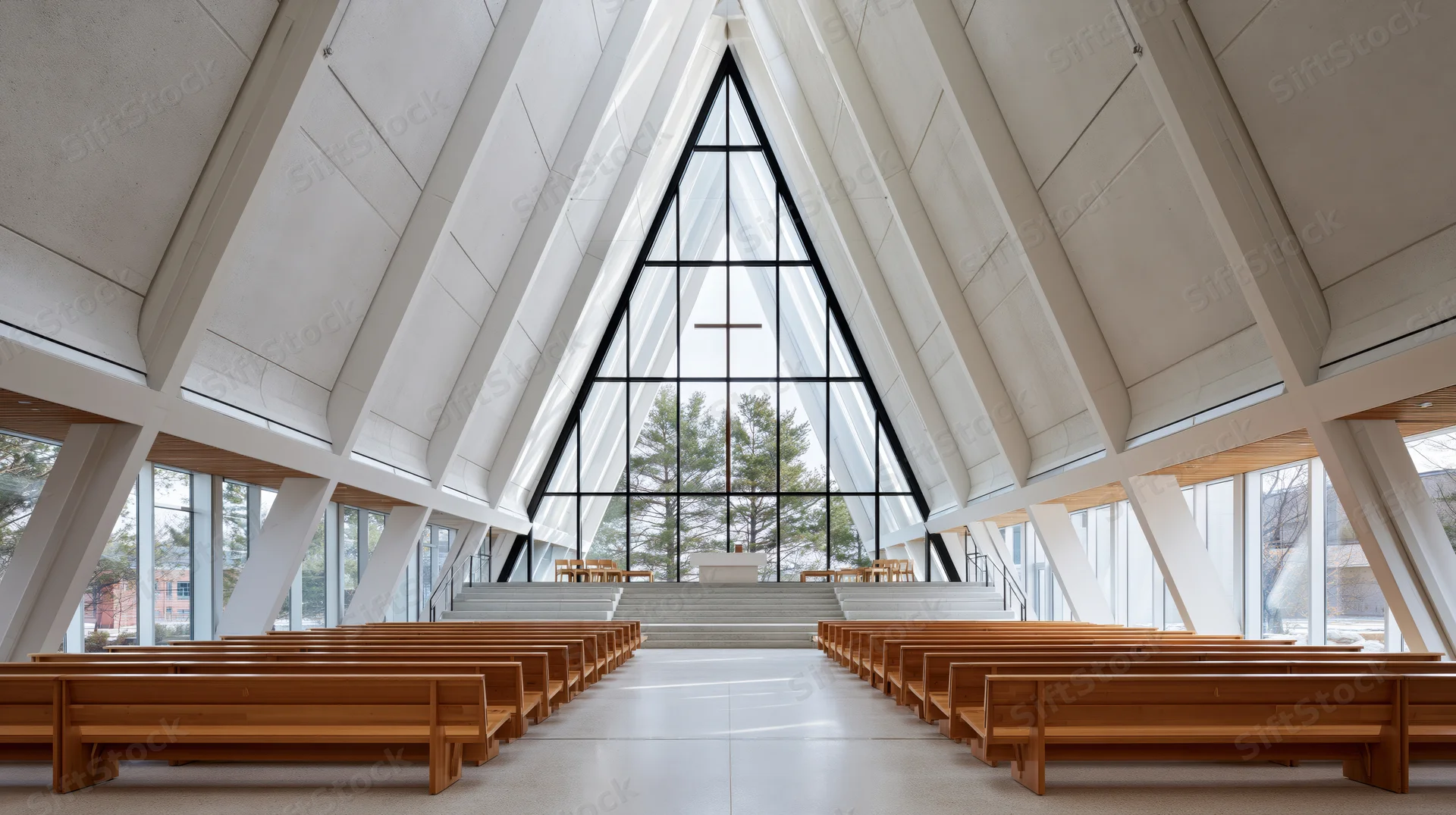 Modern church interior with wooden pews arranged toward a triangular glass window and altar