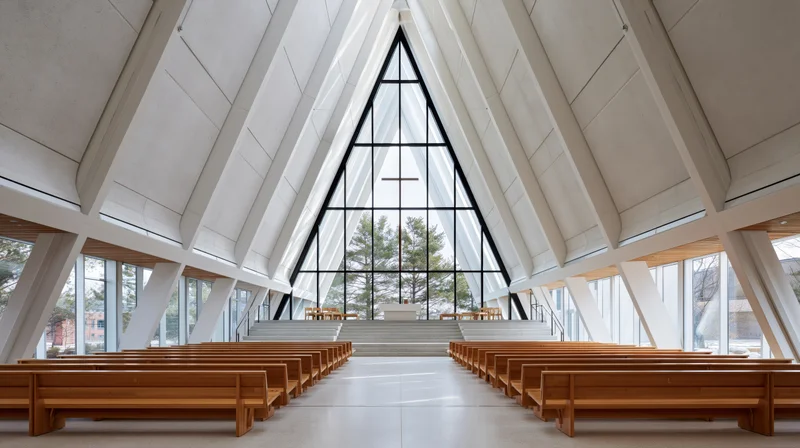 Modern church interior with wooden pews arranged toward a triangular glass window and altar