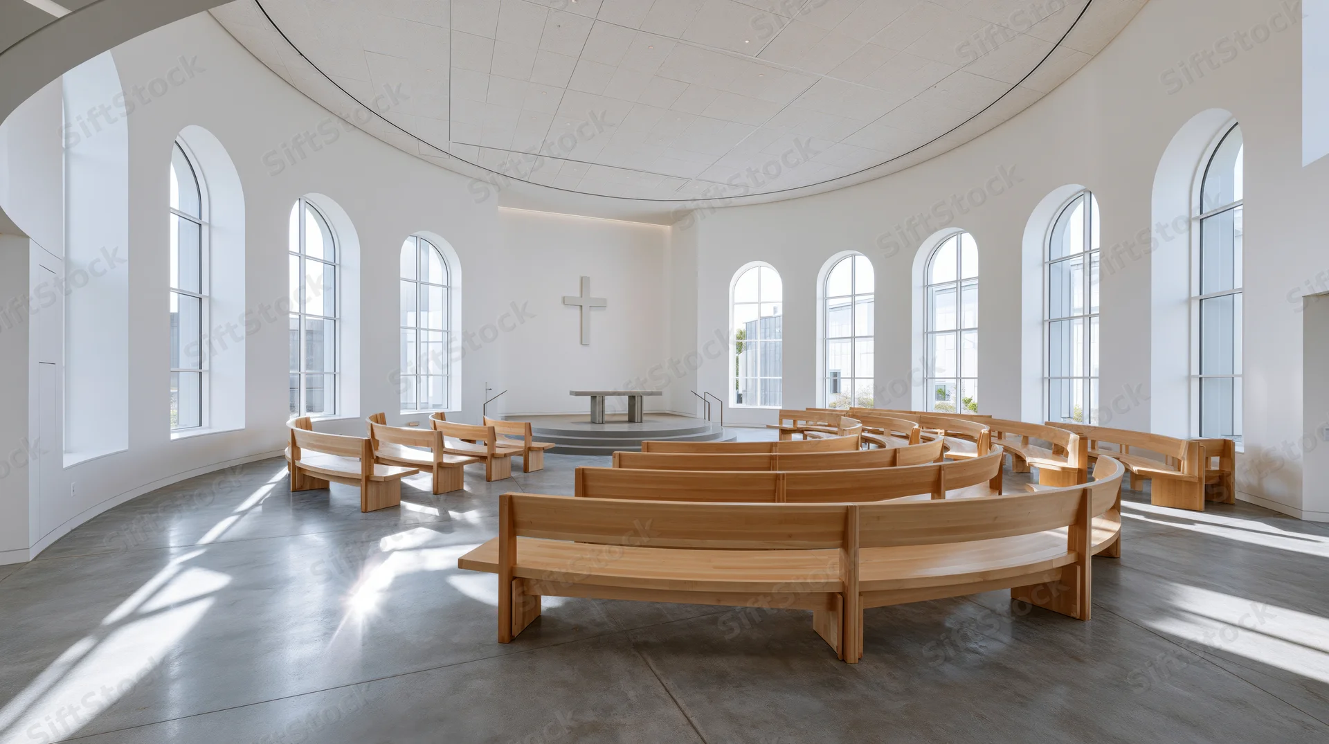 Empty modern minimalist church sanctuary with curved wooden benches and arched windows letting in natural light