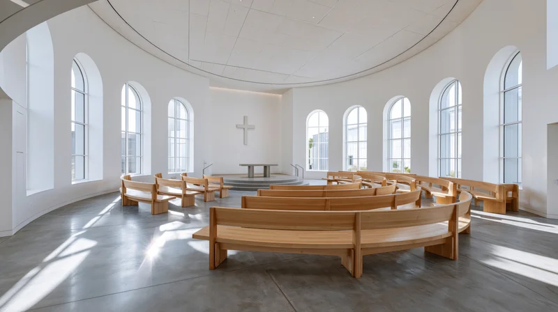 Empty modern minimalist church sanctuary with curved wooden benches and arched windows letting in natural light