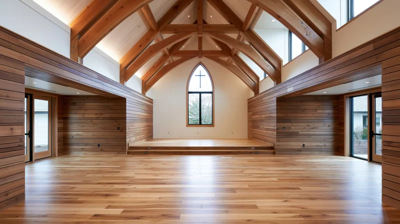 Modern rustic chapel interior with vaulted wooden ceiling and arched window featuring a cross, empty space for worship or events