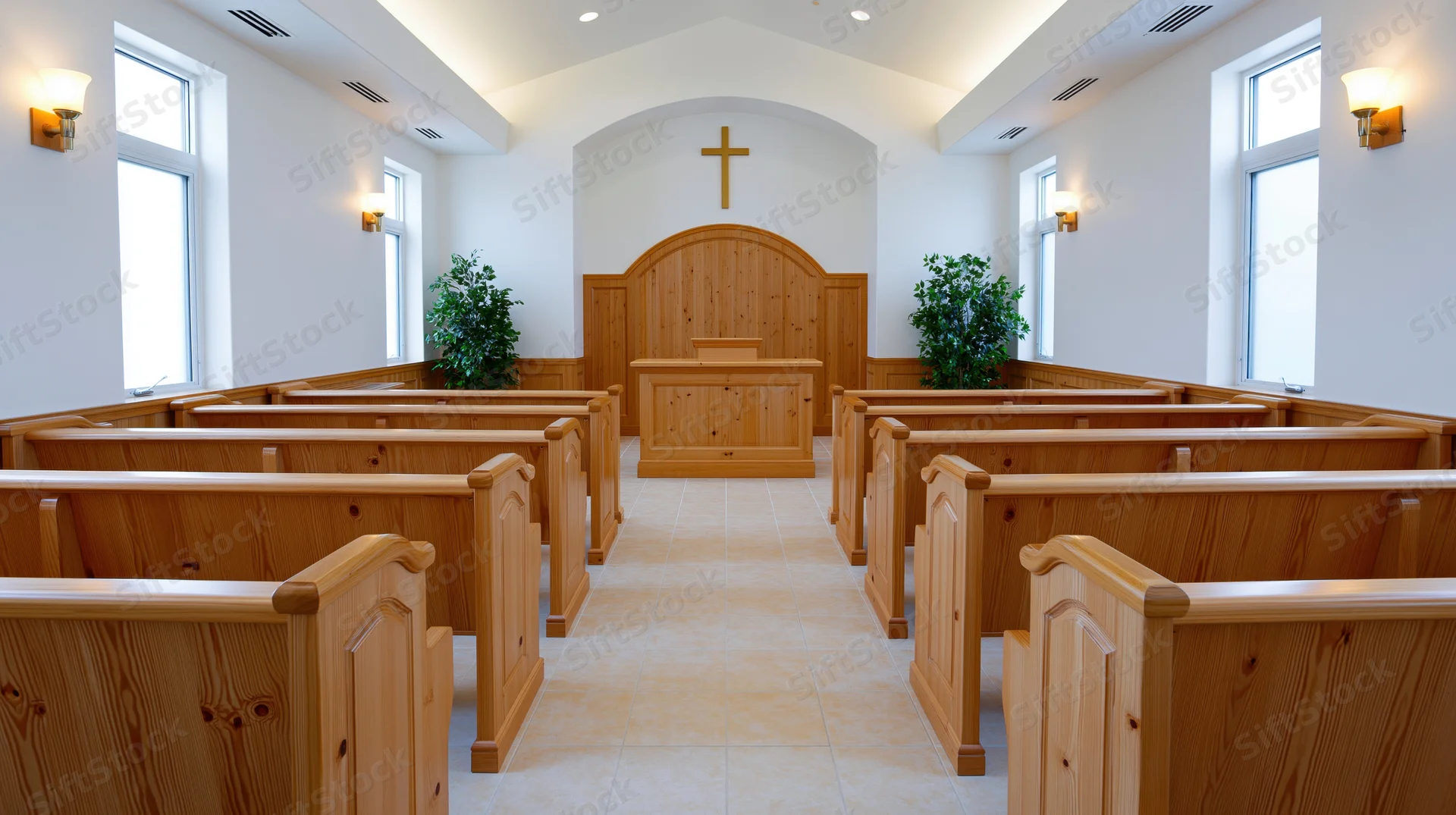 Empty wooden pews arranged in rows facing a wooden altar with a cross in a small protestant chapel interior
