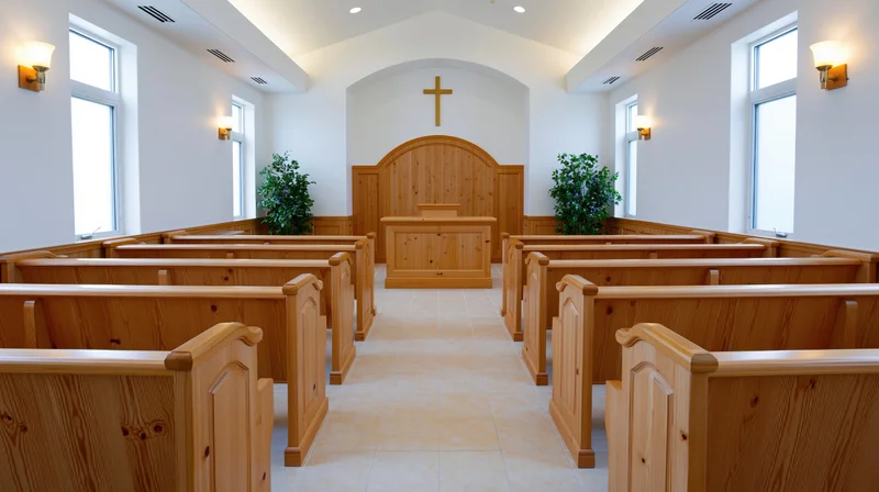Empty wooden pews arranged in rows facing a wooden altar with a cross in a small protestant chapel interior