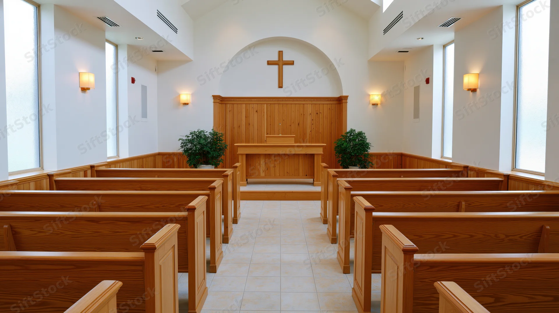 Empty wooden pews arranged in rows facing a wooden altar with a cross under an arched ceiling in a small Protestant chapel interior