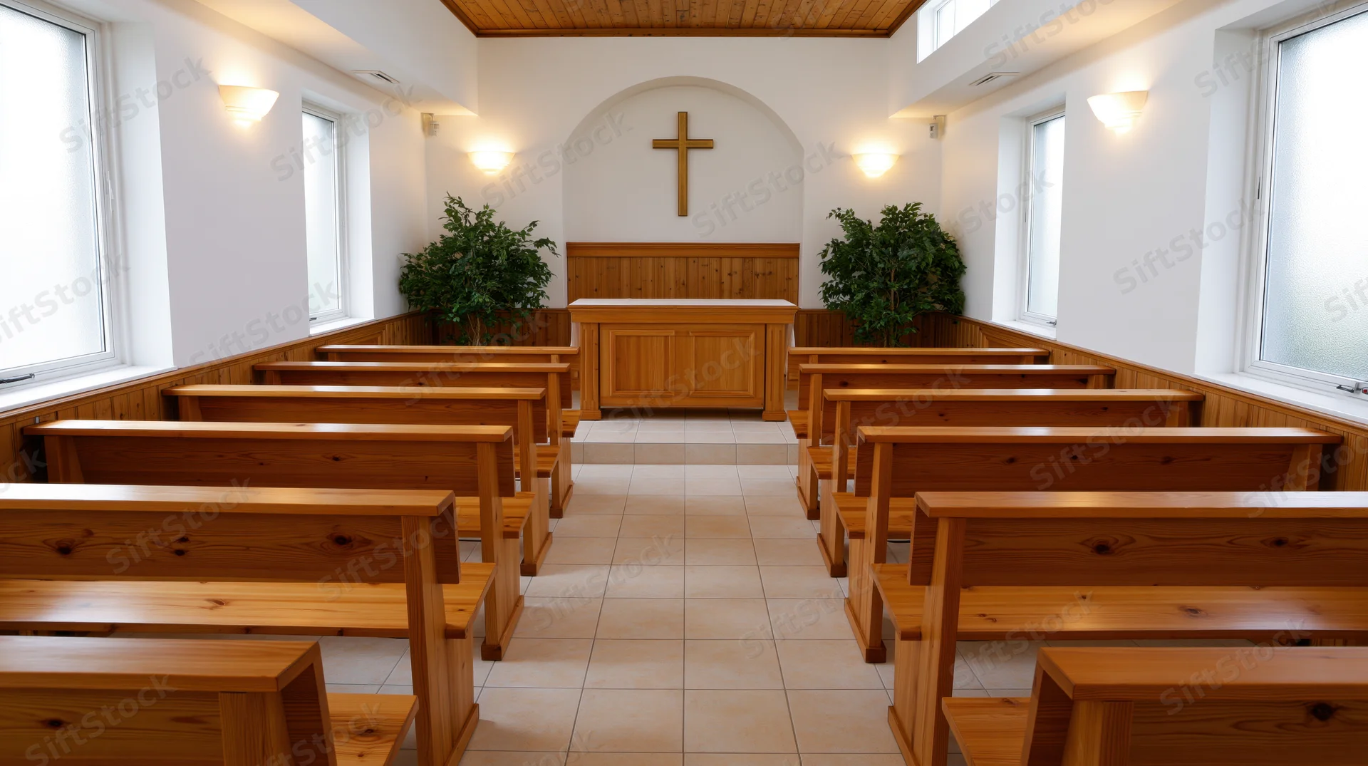 Empty wooden pews arranged in rows inside a small protestant chapel with a cross above the altar