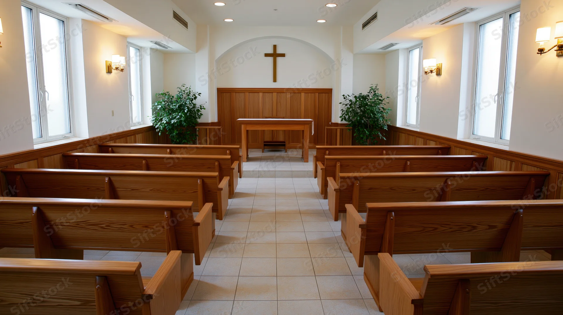 Empty wooden pews arranged in rows facing an altar with a cross in a small protestant chapel interior