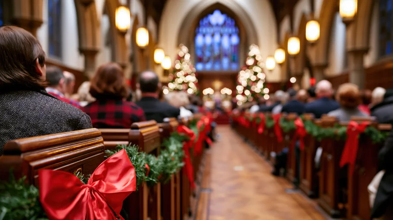 Congregation seated in decorated church pews during christmas service