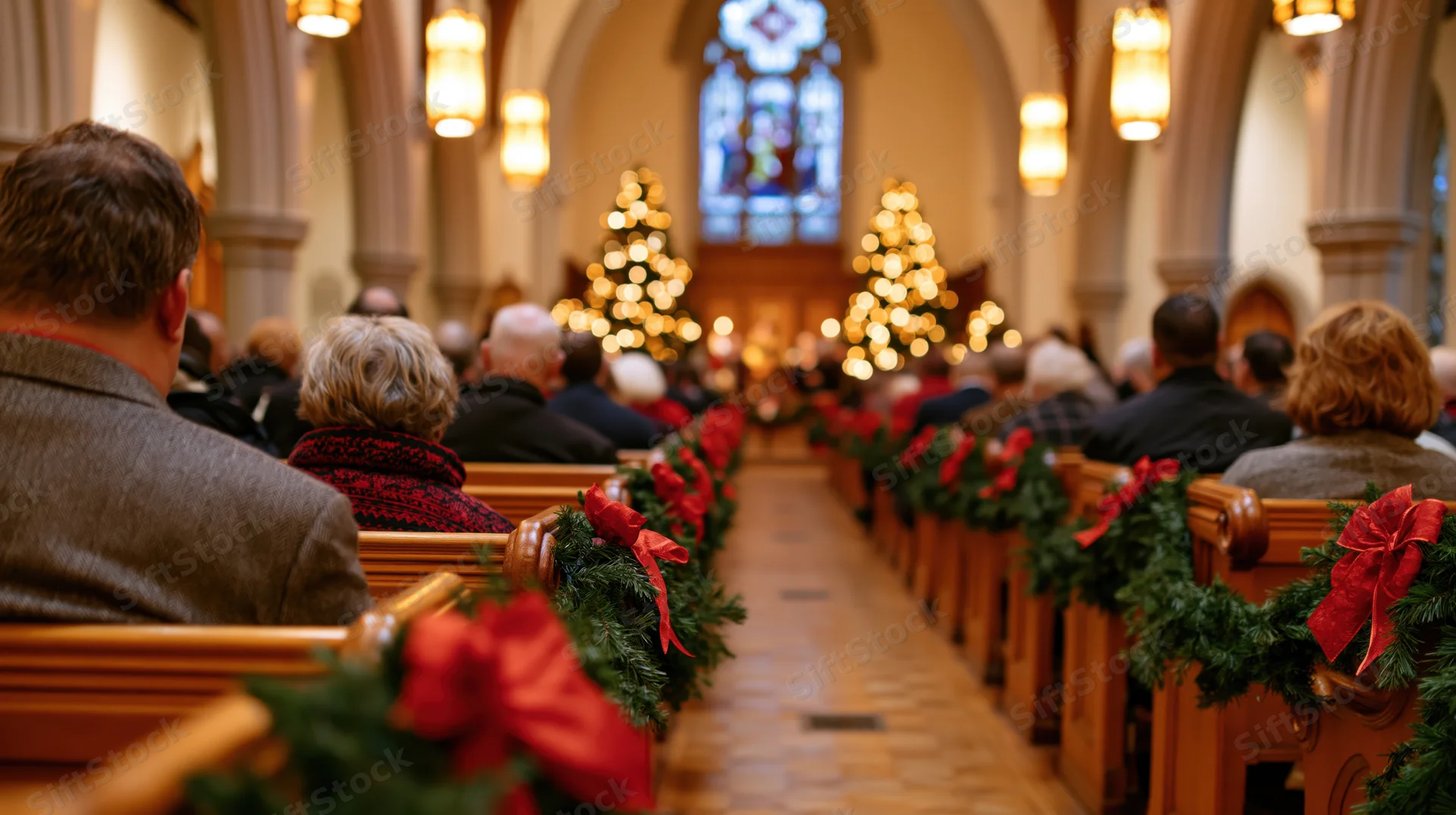 Congregation seated in decorated church pews during christmas service