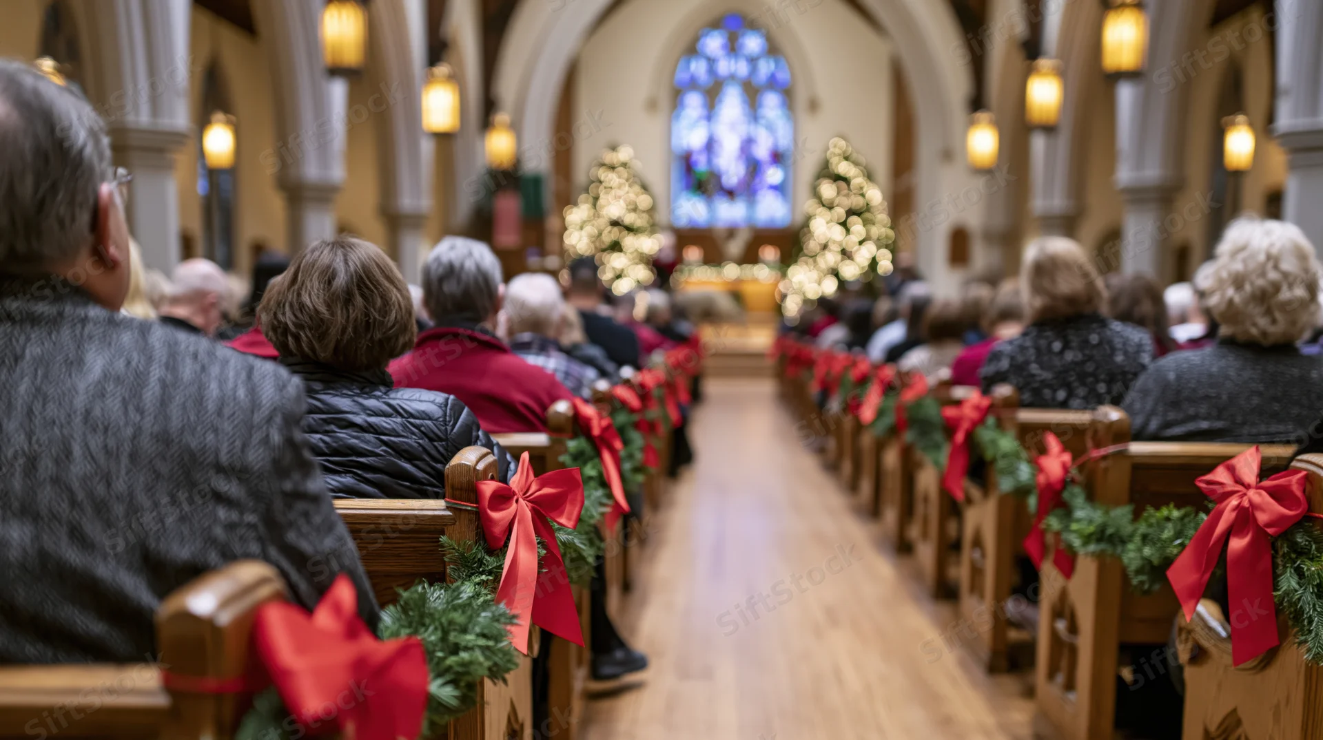 Congregation seated in decorated church pews during christmas service