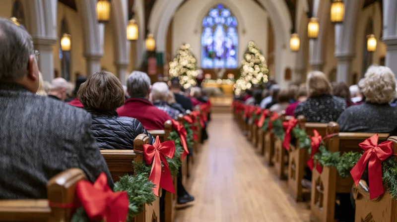 Congregation seated in decorated church pews during christmas service