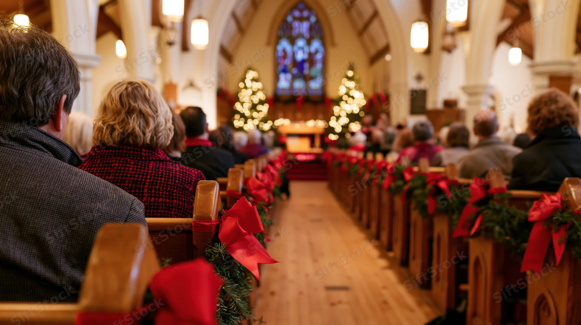 Congregation seated in decorated church pews during christmas service