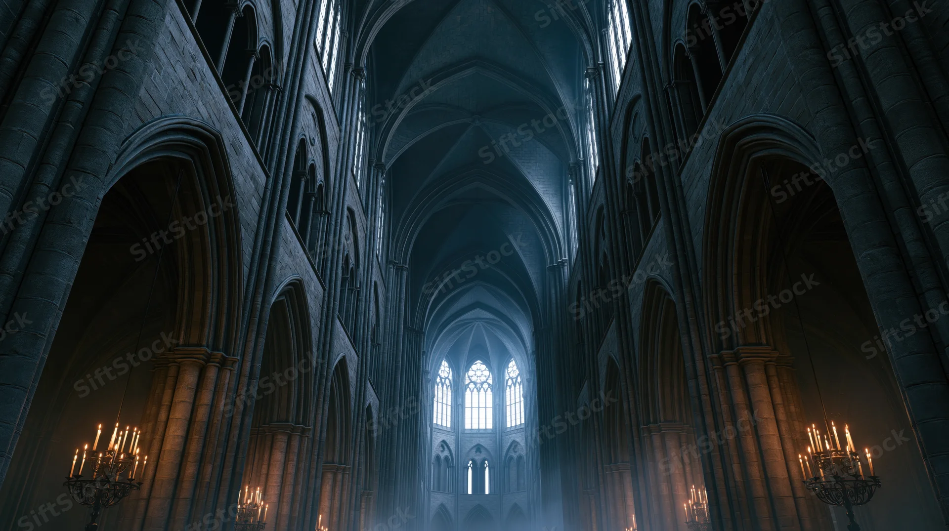 Vast gothic cathedral nave interior with stone arches and candlelit candelabras under vaulted ceiling