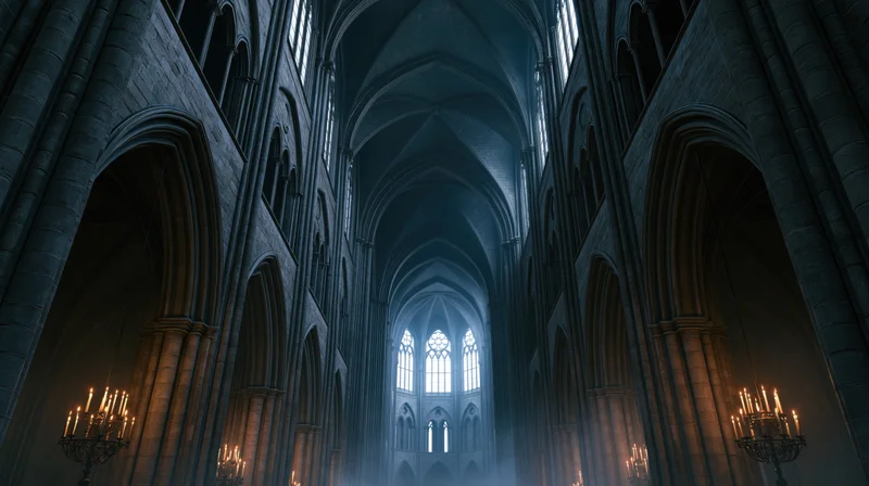 Vast gothic cathedral nave interior with stone arches and candlelit candelabras under vaulted ceiling