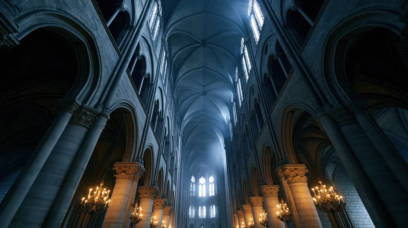 Vast gothic cathedral nave interior with vaulted stone ceiling and stained glass windows illuminated by natural light