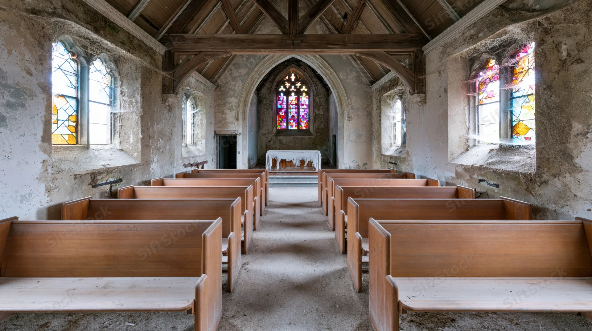 Wooden pews lining a dusty central aisle in an abandoned church interior with stained glass windows and arched stone walls