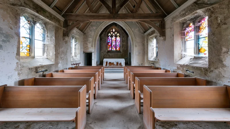 Wooden pews lining a dusty central aisle in an abandoned church interior with stained glass windows and arched stone walls