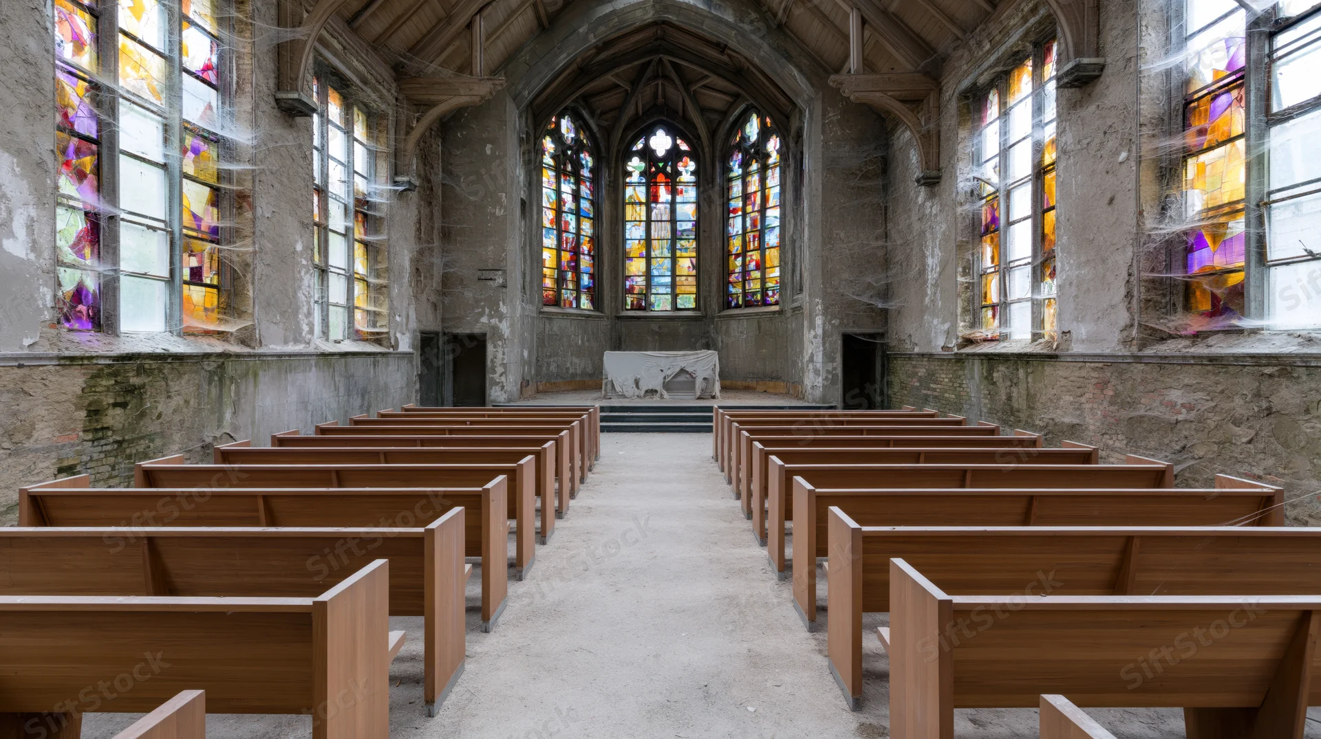 Wooden pews arranged in rows inside an abandoned church with stained glass windows and a dusty stone altar