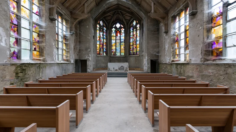 Wooden pews arranged in rows inside an abandoned church with stained glass windows and a dusty stone altar