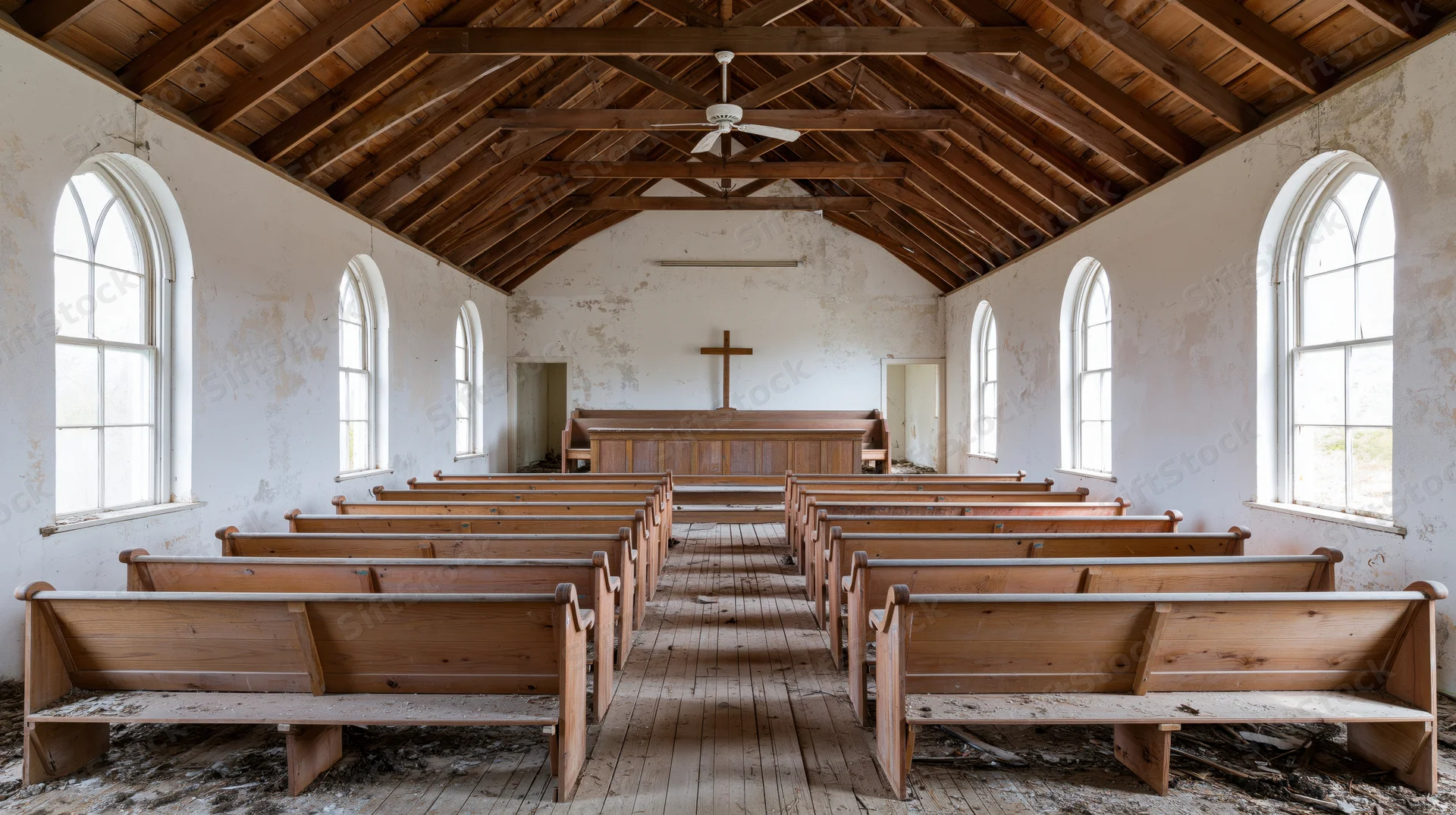 Rows of wooden pews arranged in an abandoned rural church interior with a cross at the altar and arched windows letting in daylight