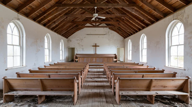 Rows of wooden pews arranged in an abandoned rural church interior with a cross at the altar and arched windows letting in daylight