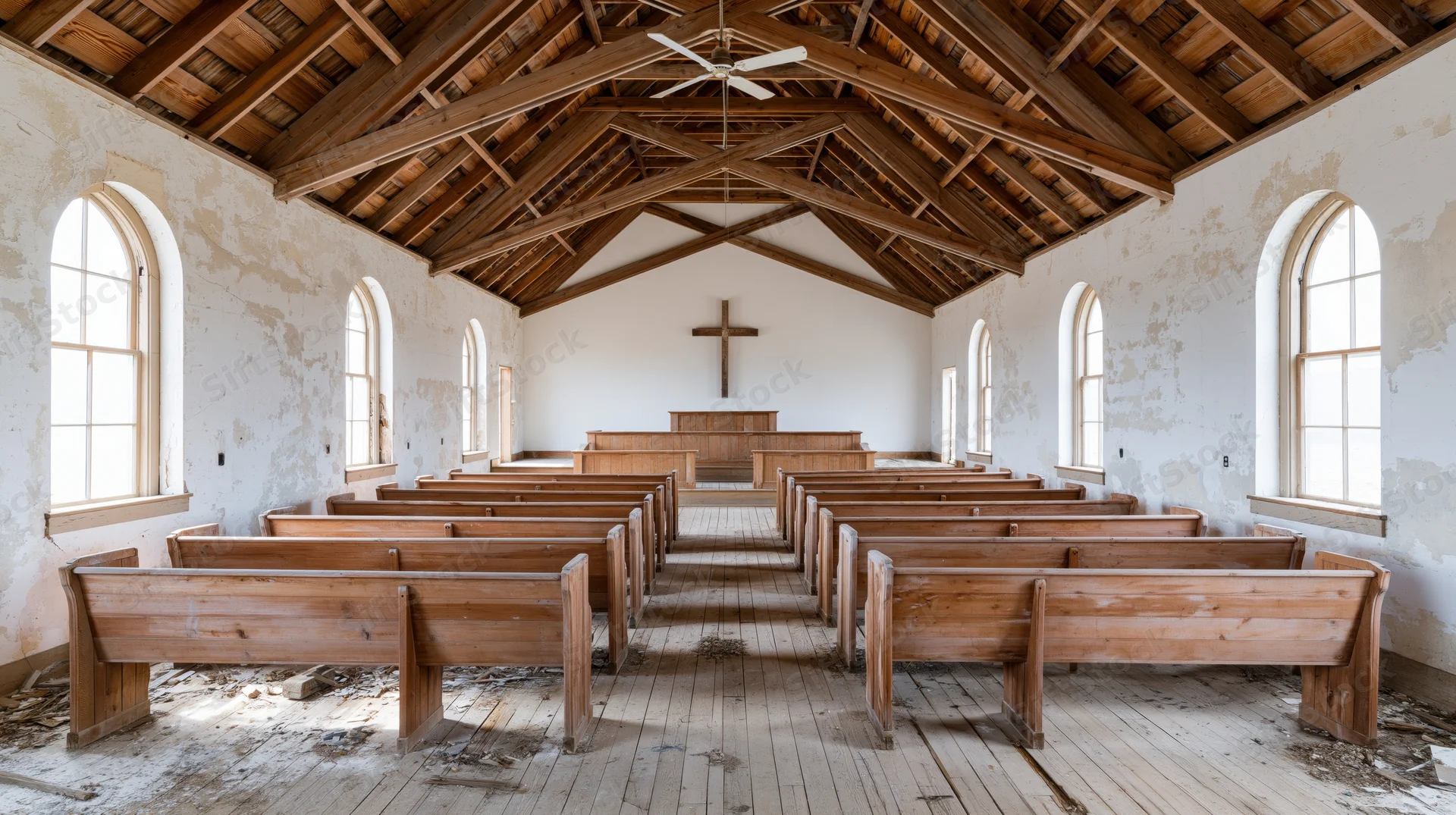 Rows of wooden pews arranged in an abandoned rural church interior with peeling white walls and arched windows