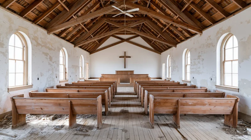 Rows of wooden pews arranged in an abandoned rural church interior with peeling white walls and arched windows