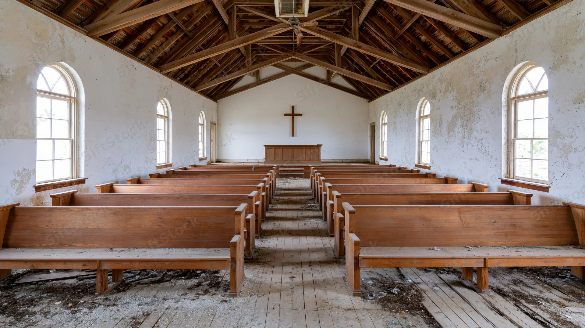 Rows of wooden pews in an abandoned rural church interior with a cross on the altar wall