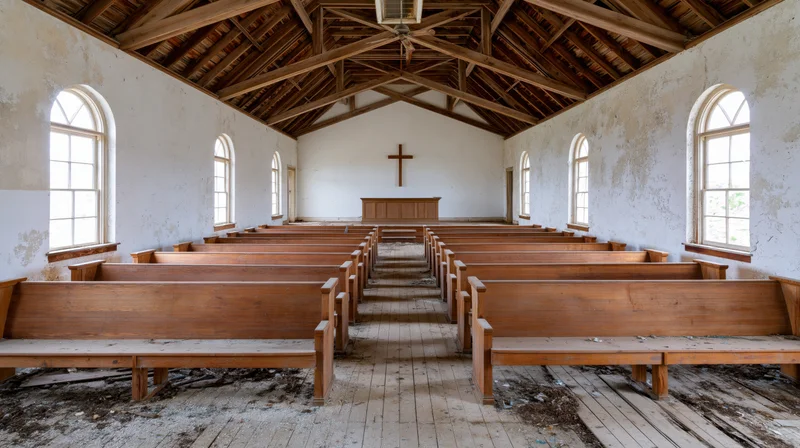 Rows of wooden pews in an abandoned rural church interior with a cross on the altar wall