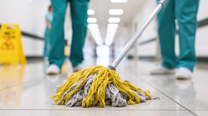 Janitor mopping polished hospital corridor floor with yellow and gray mop head
