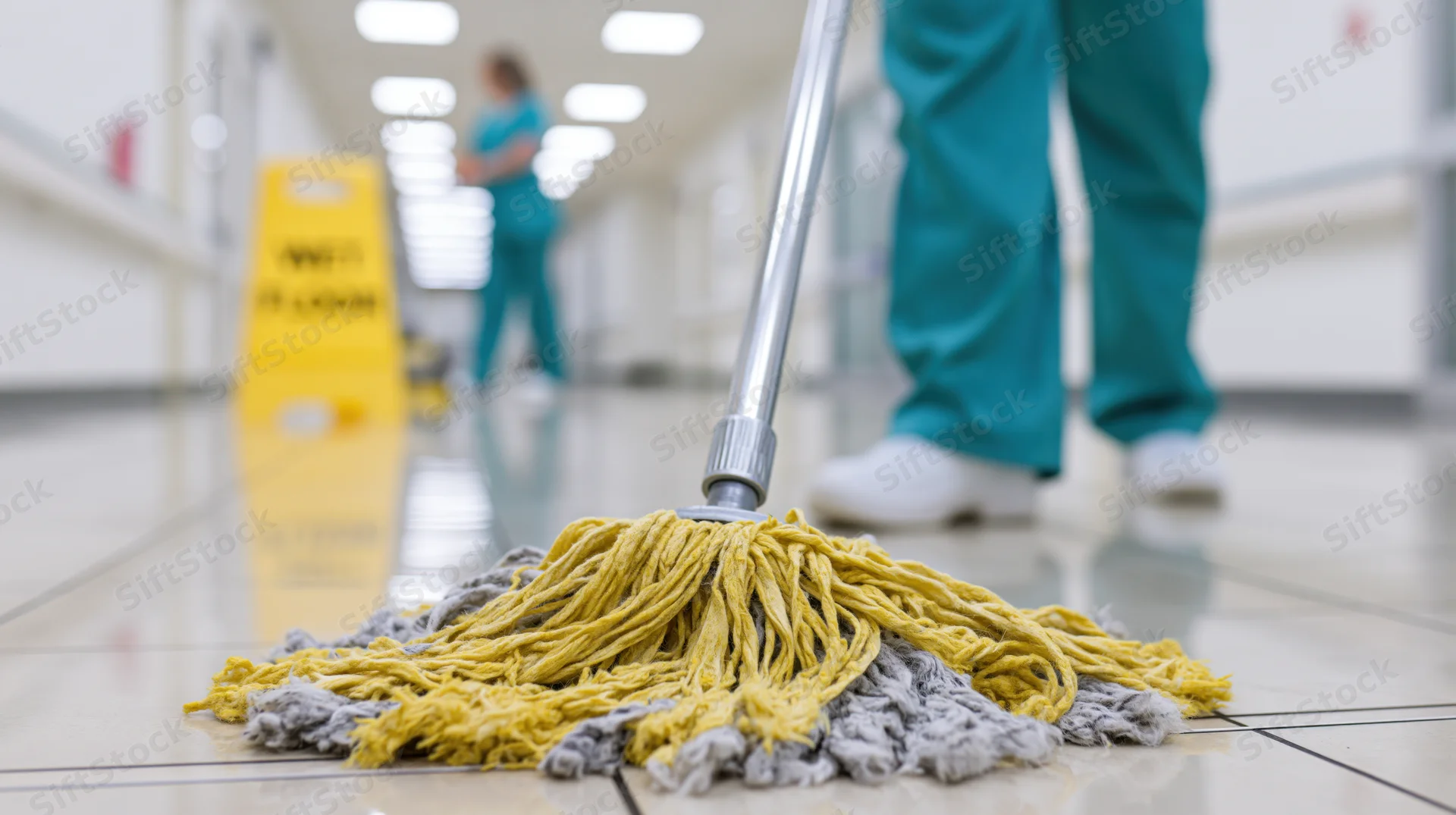 Janitor mopping polished tile floor in hospital corridor with yellow and gray mophead in foreground