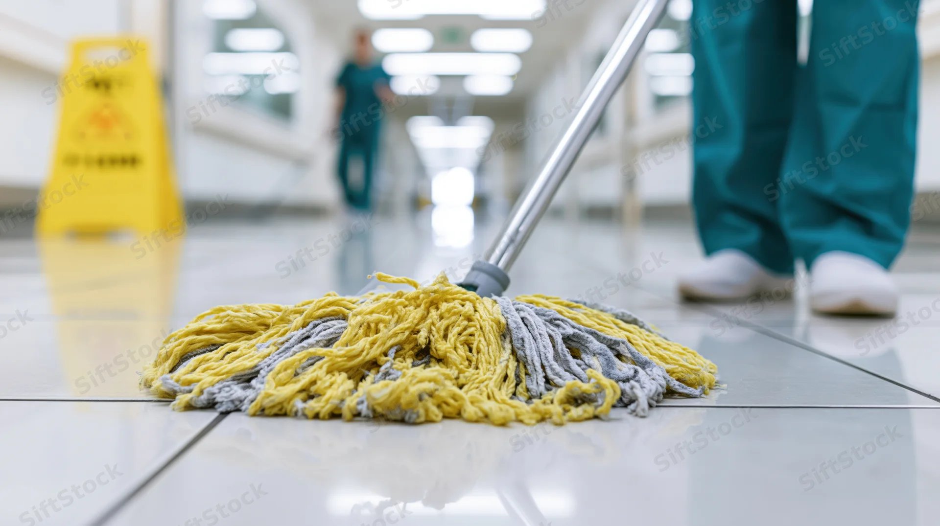 Janitor mopping polished tile floor in hospital corridor