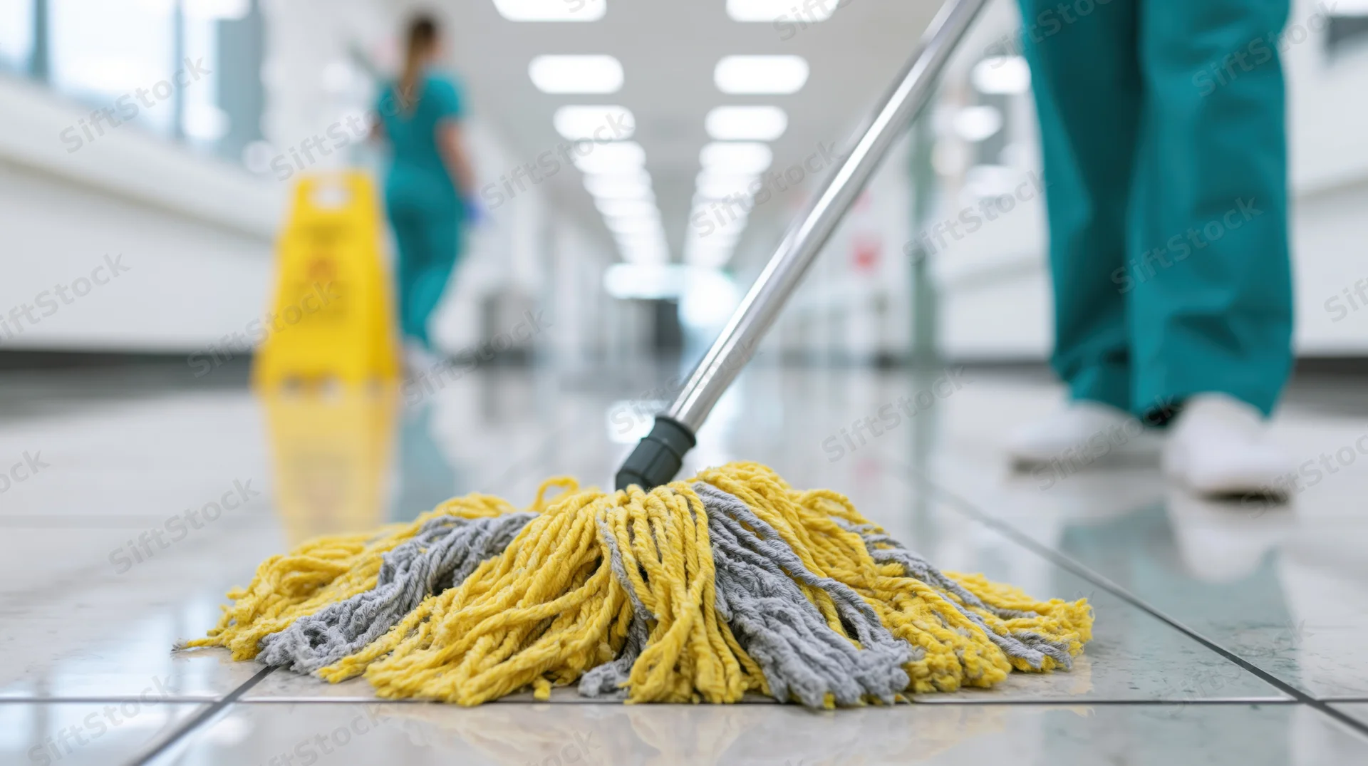 Janitor mopping polished tile floor in hospital corridor