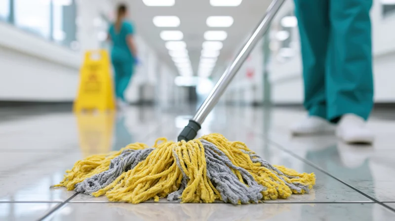 Janitor mopping polished tile floor in hospital corridor